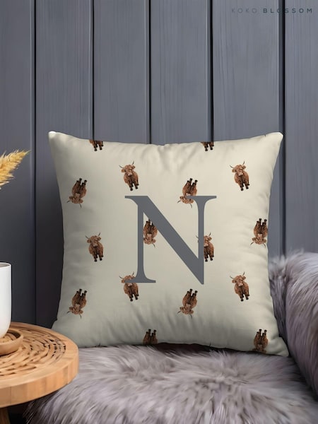 Personalised Initial Highland Cow Cushion 100% Cotton by Koko Blossom (AW0832) | £35