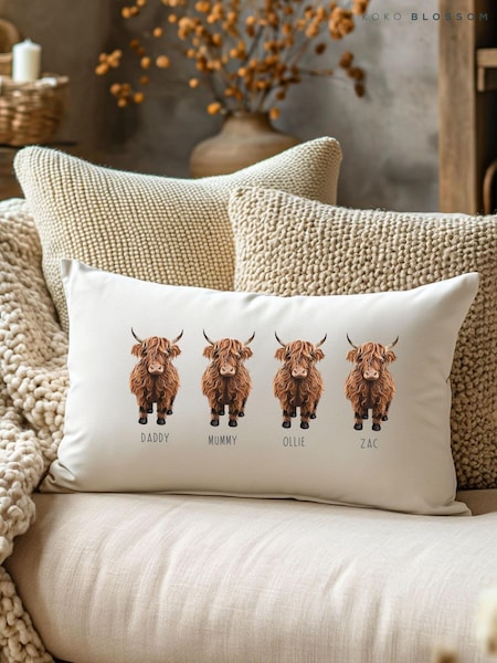Personalised Family Highland 100% Cotton Cow Cushion by Koko Blossom (AW0838) | £35