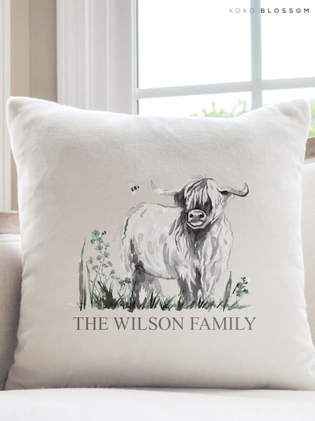 Personalised Highland 100% Cotton Cow Cushion by Koko Blossom (AW0839) | £40