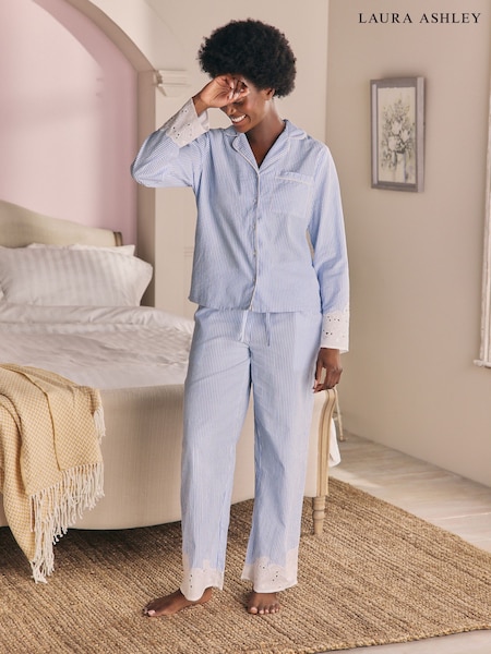 Laura Ashley Blue Stripe Long Sleeve Cotton Broderie Seer Sucker Pyjamas (AW1120) | £62