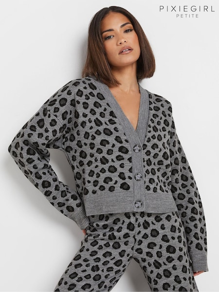 PixieGirl Petite Grey Leopard Print Knitted Cardigan (AW1168) | £33