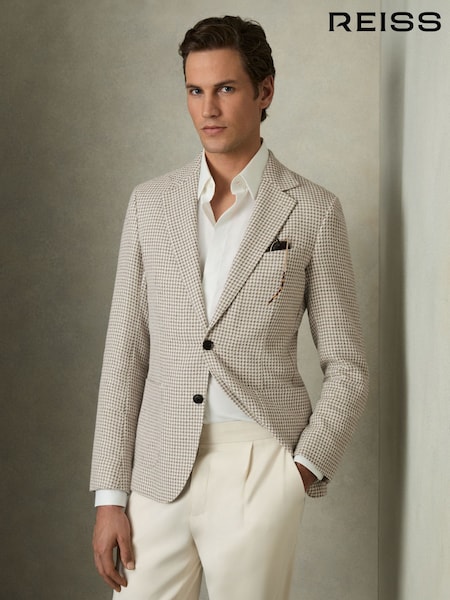 Reiss Grey/White Vitale Slim-Fit Single-Breasted Dogtooth-Check Blazer (AW1184) | £298