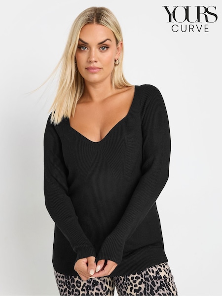 Yours Curve Black Contrast Ribbed Knitted Top (AW1227) | £31