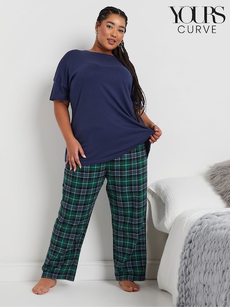 Yours Curve Green Jersey Woven Short Sleeve Check 100% Cotton Pyjamas Set (AW1229) | £31