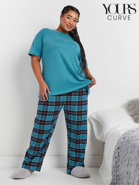 Yours Curve Blue Jersey Woven Short Sleeve Check 100% Cotton Pyjamas Set (AW1235) | £31