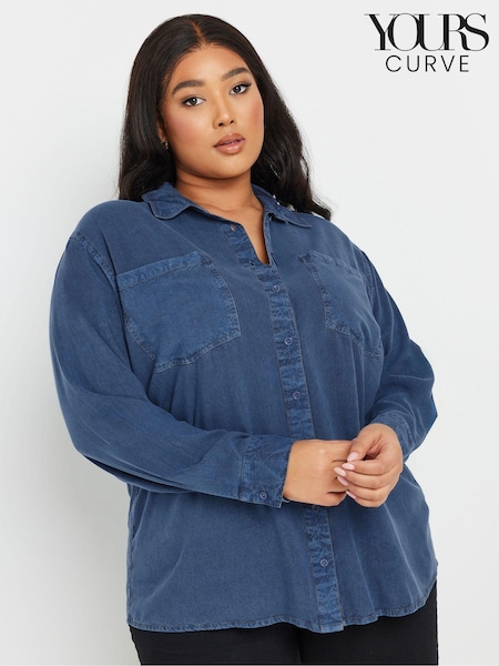 Yours Curve Blue Washed Chambray Shirt (AW1259) | £29