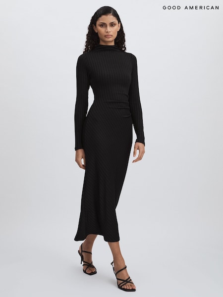Good American Black Rib-Knit Midi Dress (AW1352) | £187