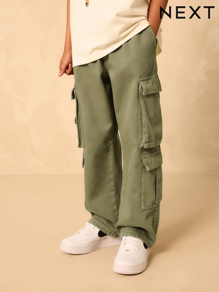 Khaki Green Twill Woven Cotton Cargo Trousers (3-16yrs) (AW1556) | £20 - £25