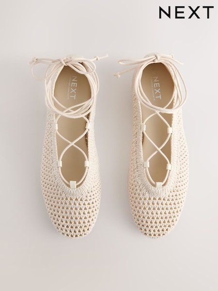 Ecru Forever Comfort® Round Toe Crochet Tie Up Ballerinas (AW1579) | £39