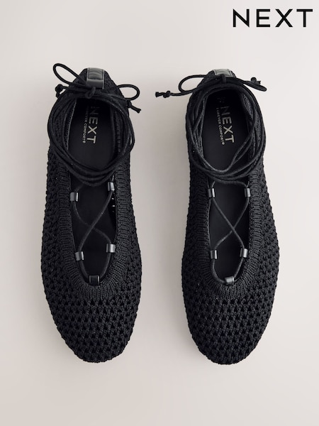 Black Forever Comfort® Round Toe Crochet Tie Up Ballerinas (AW1583) | £39