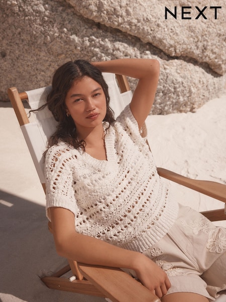 White Ecru Crochet Stitch V-Neck Short Sleeve 100% Cotton Top (AW1593) | £28