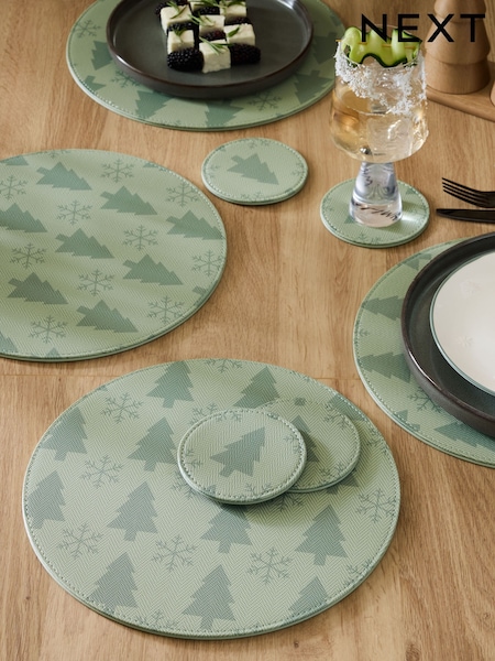 Set of 4 Green Christmas Tree Printed Faux Leather Placemats and Coasters (AW2224) | £26