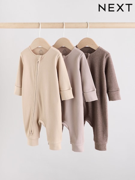 Chocolate Brown Baby Two Way Zip Footless Sleepsuits 3 Pack (0mths-3yrs) (AW2280) | £16 - £18
