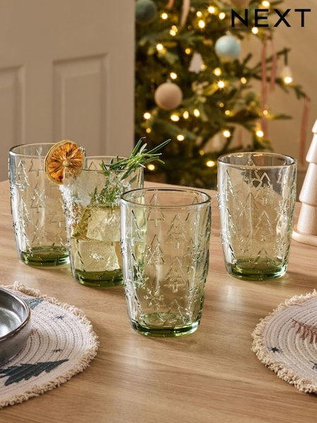Set of 4 Green Christmas Tree Pressed Tumbler Glasses (AW2331) | £16