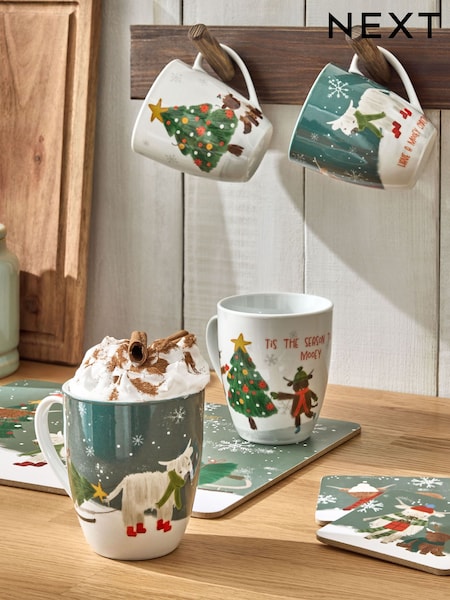 Set of 4 Green Christmas Hamish Mugs (AW2363) | £18