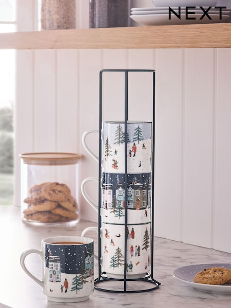 Set of 4 Navy Winter Scene Stacking Mugs with Wire Stand (AW2365) | £28