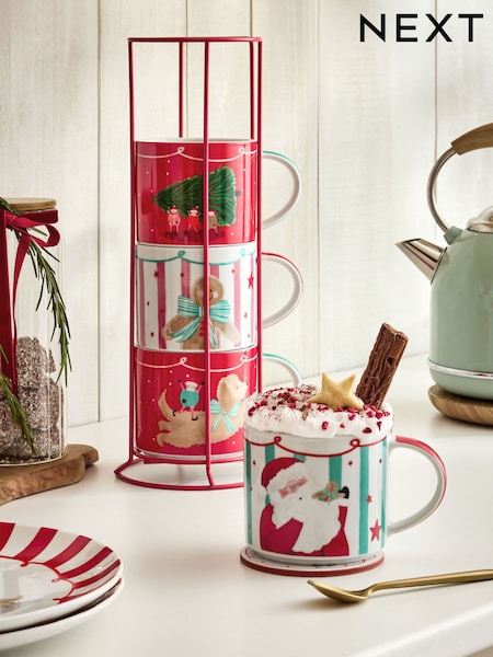 Set of 4 Red Santa Stacking Mugs with Wire Stand (AW2366) | £28