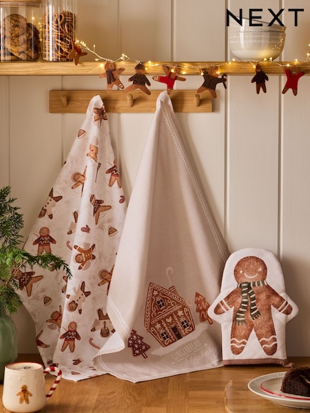Set of 3 Natural Christmas Gingerbread Oven Mitt and Tea Towel Bundle (AW2532) | £20