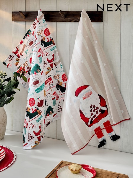 Set of 2 Red Christmas Santa Tea Towels (AW2535) | £14
