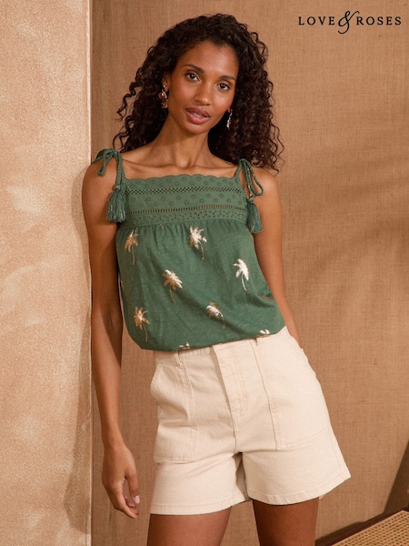 Love & Roses Palm Foil Khaki 100% Cotton Vest (AW2587) | £24