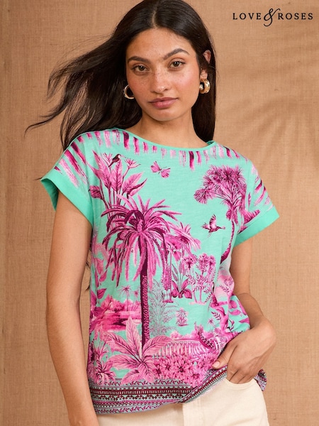 Love & Roses Blue and Pink Tropical Print Petite Crew Neck Jersey T-Shirt (AW2590) | £26