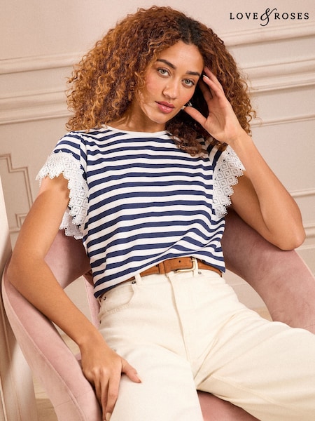 Love & Roses White and Navy Stripe Lace Sleeve T-Shirt (AW2609) | £26