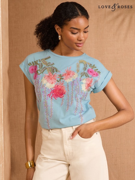 V&A | Love & Roses Light Blue Floral Petite Embroidered Jersey T-Shirt (AW2619) | £32