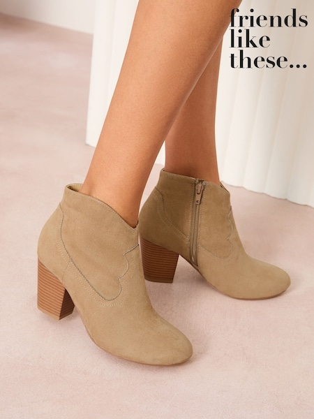 Friends Like These Brown Wide Fit Mid Block Heel Western Faux Suede Cowboy Boots (AW2693) | £42