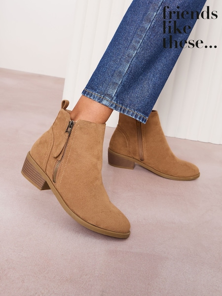 Friends Like These Brown Standard fit Mid Block Heel Side Zip Faux Suede Cuban Boots (AW2695) | £34