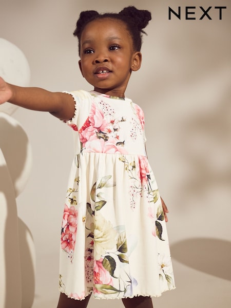 Cream Floral Short Sleeve Rib Summer Dress (3mths-7yrs) (AW2729) | £6 - £8