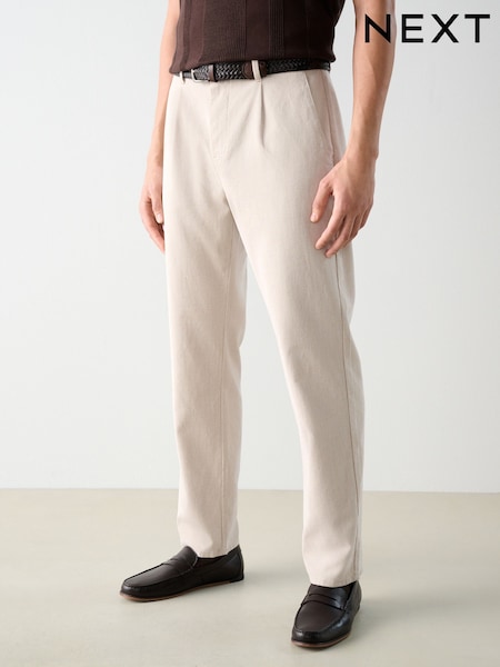 Light Stone Belted Cotton Linen Trousers (AW2734) | £45