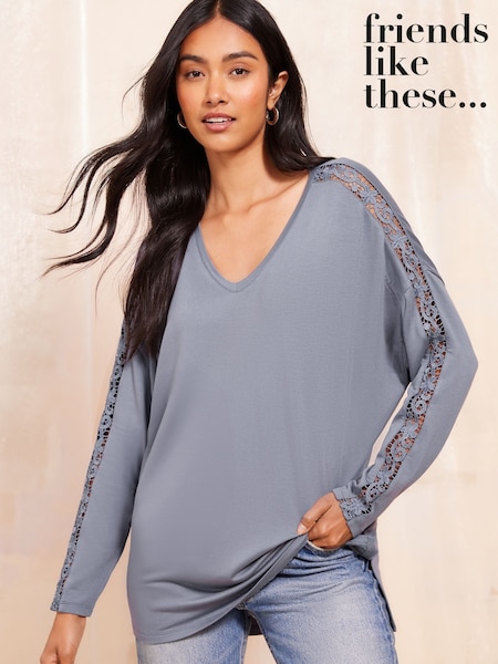 Friends Like These Blue Long Sleeve Crochet Trim Tunic (AW2748) | £27