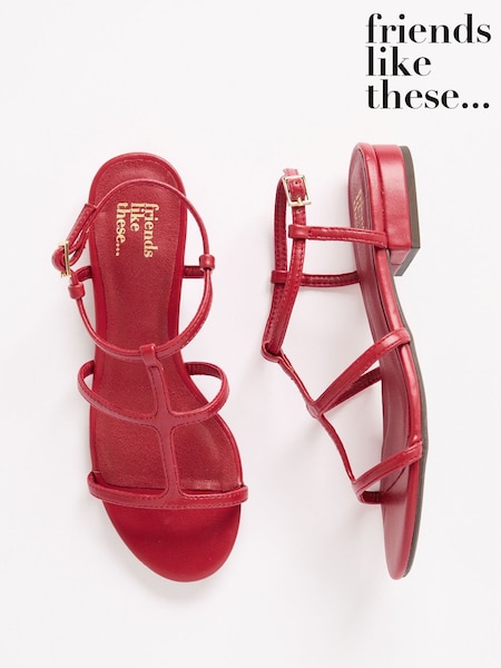 Friends Like These Red Low Block Heel Caged Faux Leather Sandals (AW2764) | £26