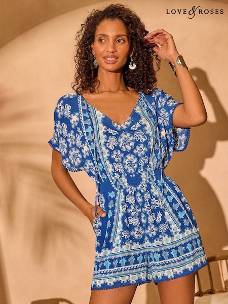 Love & Roses Blue Mosaic Printed Tie Detail Playsuit (AW2909) | £45