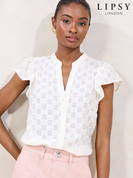 Lipsy White Ruffle Sleeve Button Up Burnout Detail Shirt (AW3044) | £36