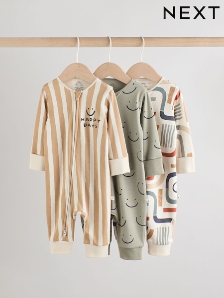 Olive Green 3 Pack Baby Sleepsuits (0-3yrs) (AW3066) | £19 - £21