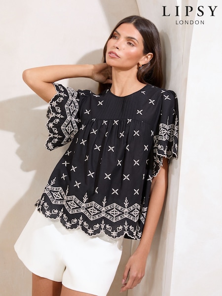 Lipsy Black Broderie Flutter Sleeve T-Shirt (AW3073) | £36