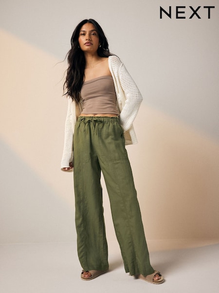 Khaki Green Wide Leg Pull-On Linen Blend Trousers (AW3111) | £34