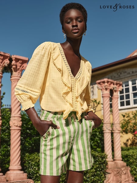 Love & Roses Buttermilk Yellow Texture Ruffle Detail 3/4 Sleeve Blouse (AW3133) | £39