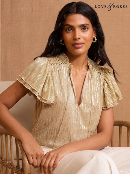 Love & Roses Gold Jersey Frill Sleeve Top (AW3152) | £32