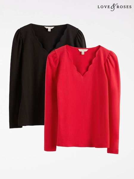 Love & Roses Black and Red X2 Scallop Neck Jersey Long Sleeve Top (AW3163) | £28