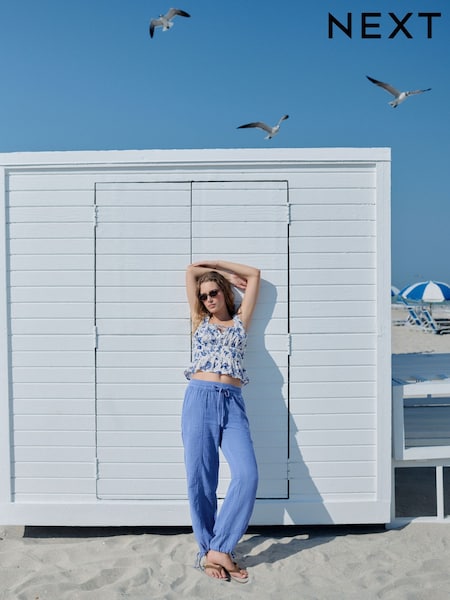Navy 100% Cotton Double Cloth Pull On Harem Trousers (AW3184) | £28