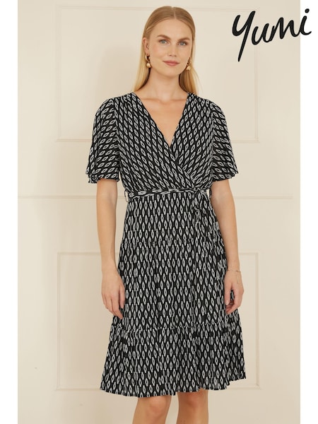 Yumi Black Geo Print Mesh Stretch Midi Skater Dress (AW3301) | £50