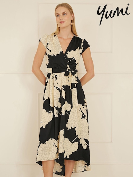 Yumi Black Blossom Print Wrap Midi Dress With Dipped Hem (AW3313) | £50