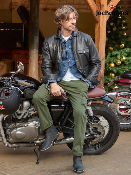Joe Browns Black Classic Leather 100% Cotton Jacket with Vintage Check Lining (AW3414) | £235