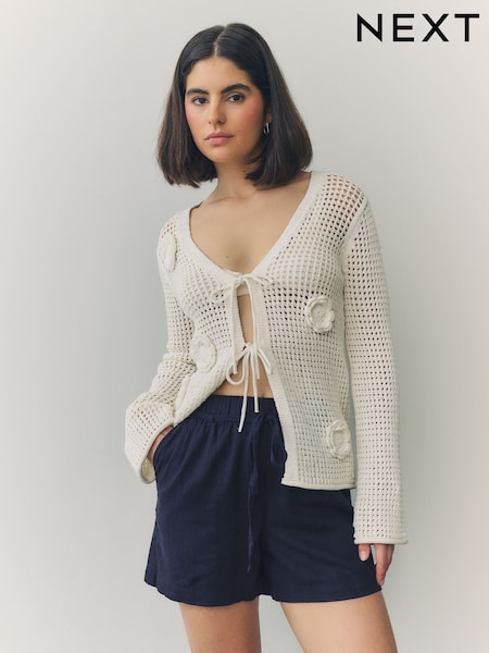 Navy Tie Waist Linen Blend Boy Shorts (AW3551) | £18