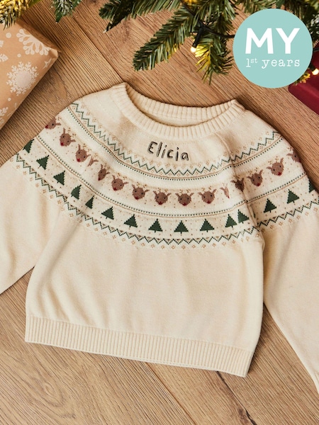 My 1st Years Cream 100% Cotton Personalised Fairisle Pattern Christmas Jumper (AW3766) | £35