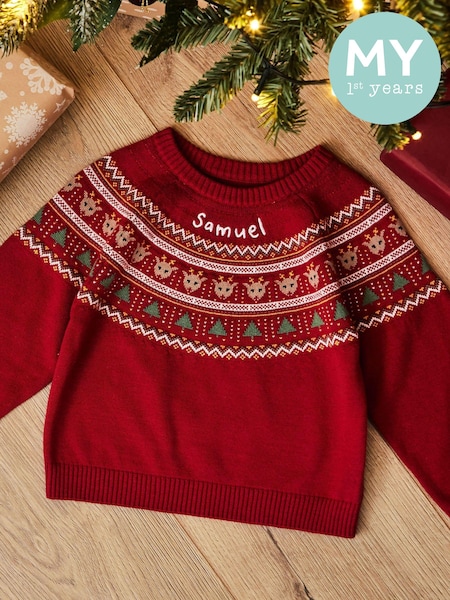 My 1st Years Red 100% Cotton Personalised Fairisle Pattern Christmas Jumper (AW3771) | £35