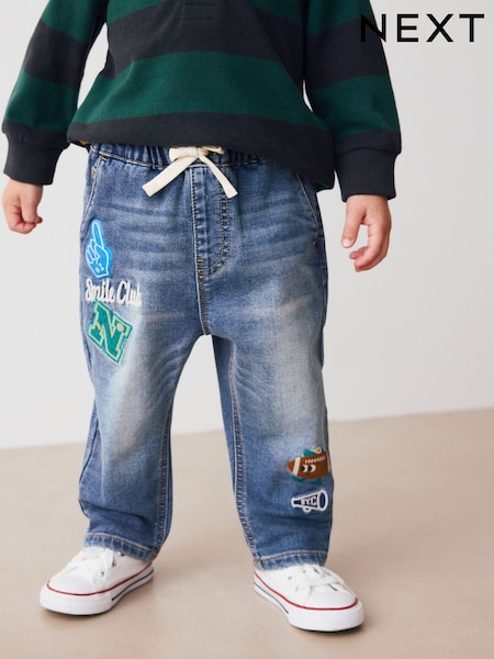 Mid Blue Varsity Pull On Jeans (3mths-7yrs) (AW3942) | £16 - £18