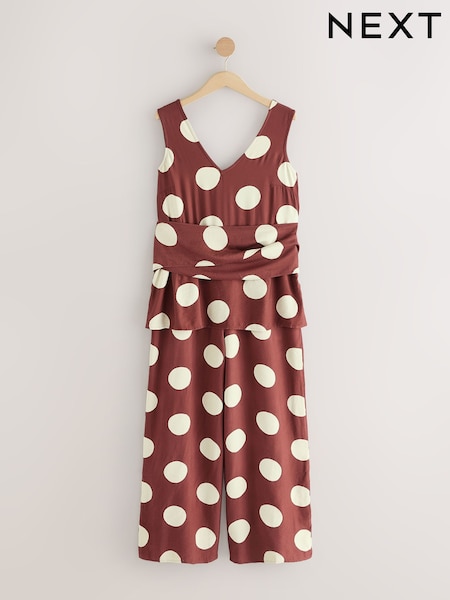 Chocolate Brown Polkadot Tie Waist V-Neck Jumpsuit (AW4005) | £48